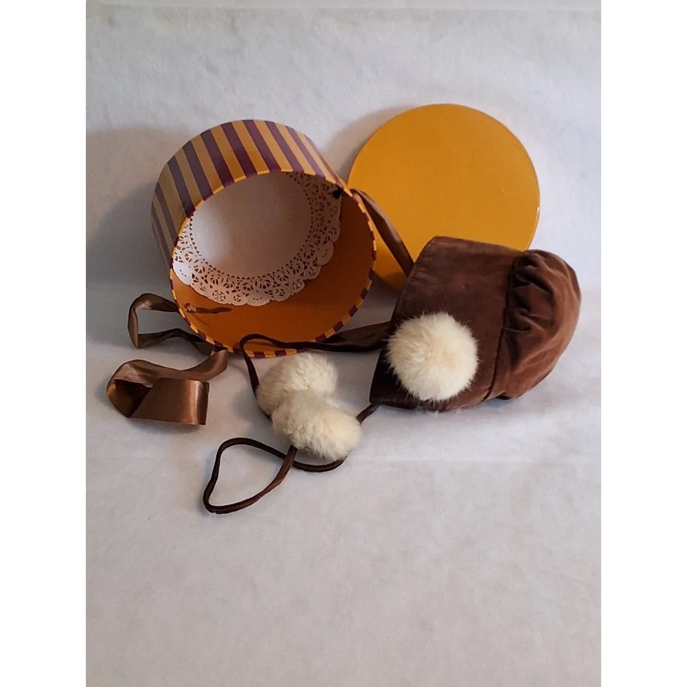 Vintage Velvet Baby Bonnet With Pom Poms And Hat Box GVC